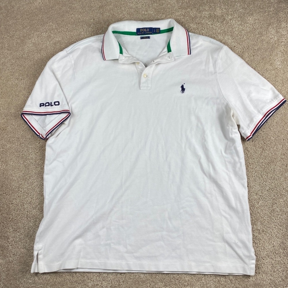 Polo Ralph Lauren Mens White Classic Fit Pique Polo Shirt‎ Large Red Blue Trim